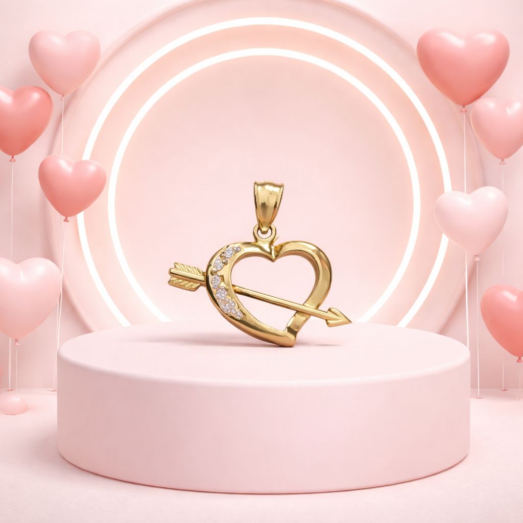 DIJE CORAZON CON FLECHA 2.5 CM LARGO TOTAL CON ASA, ORO 14K