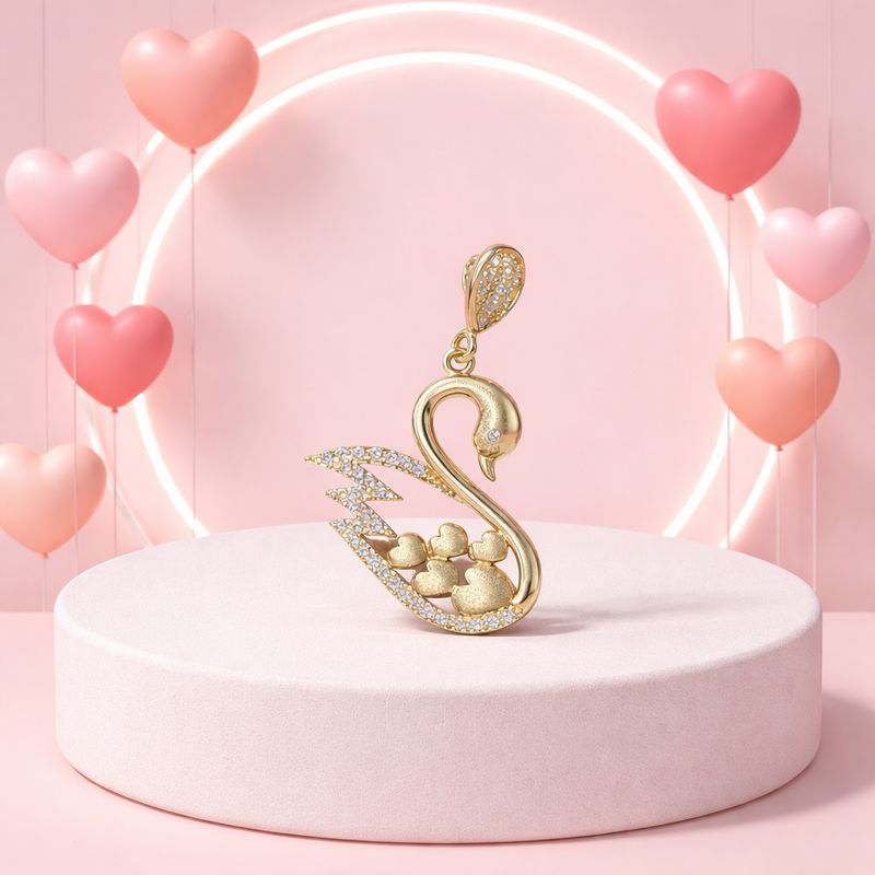 DIJE CISNE CON CORAZONES Y MINI CZ, ORO 14K
