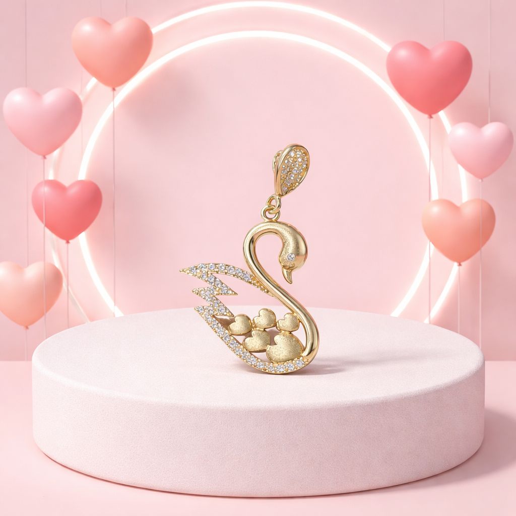 DIJE CISNE CON CORAZONES Y MINI CZ, ORO 14K