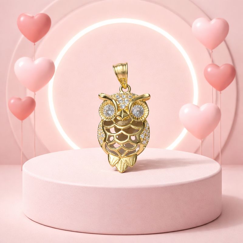 DIJE BUHO CON CZ, 3.3 CM LARGO TOTAL CON ASA, ORO 14K