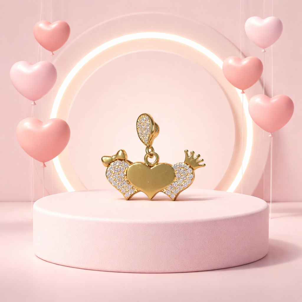 DIJE CORAZONES CON CORONA, ORO 14K