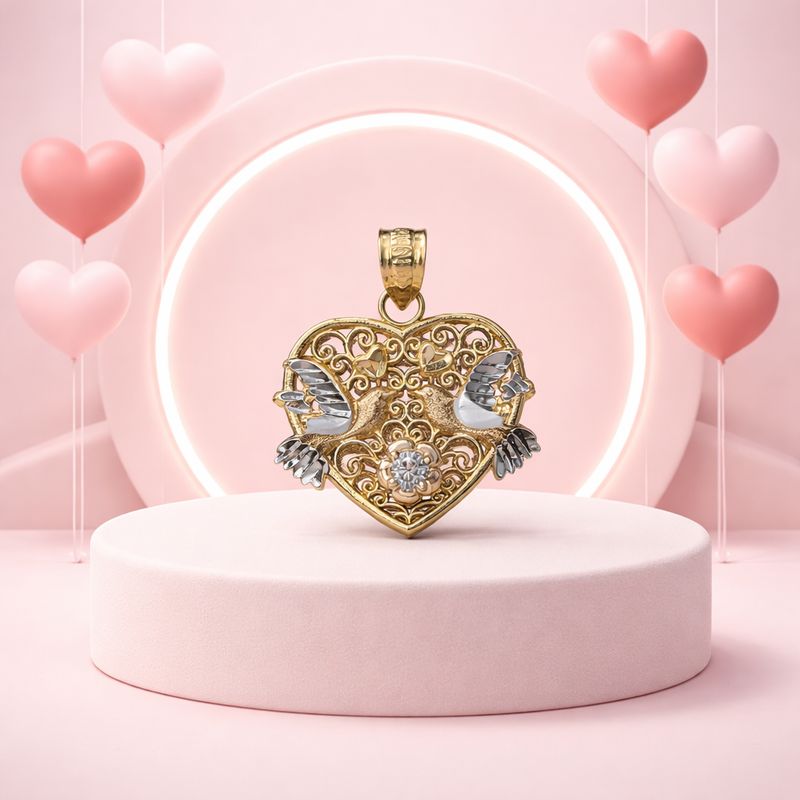 DIJE CORAZON CON PALOMAS, 3 COLORES 2.5 CM LARGO TOTAL CON ASA, ORO 14K