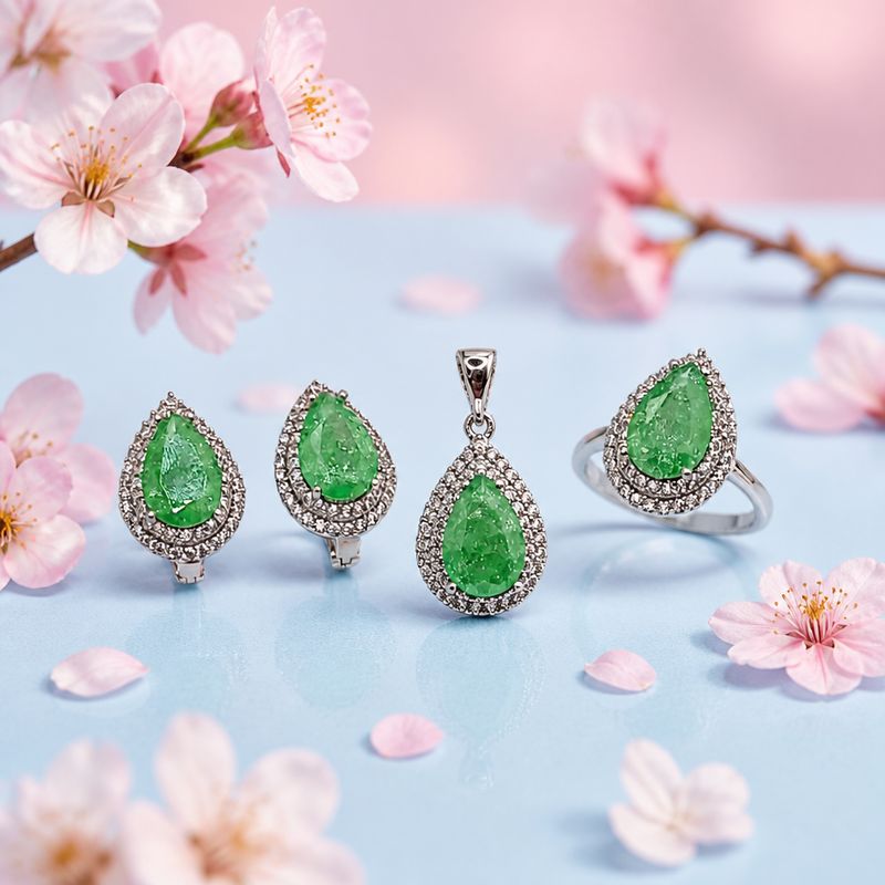 JUEGO DE ARETES, DIJE Y ANILLO # 9, CZ VERDE Y MINI CZ, PLATA .925