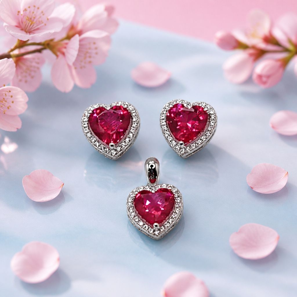 JUEGO DE ARETE BROCHE MARIPOSA Y DIJE CORAZON CZ ROJA, PLATA .925