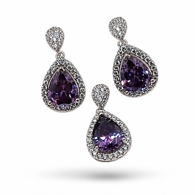 JUEGO DE ARETE BROCHE MARIPOSA Y DIJE GOTA LILA, PLATA .925