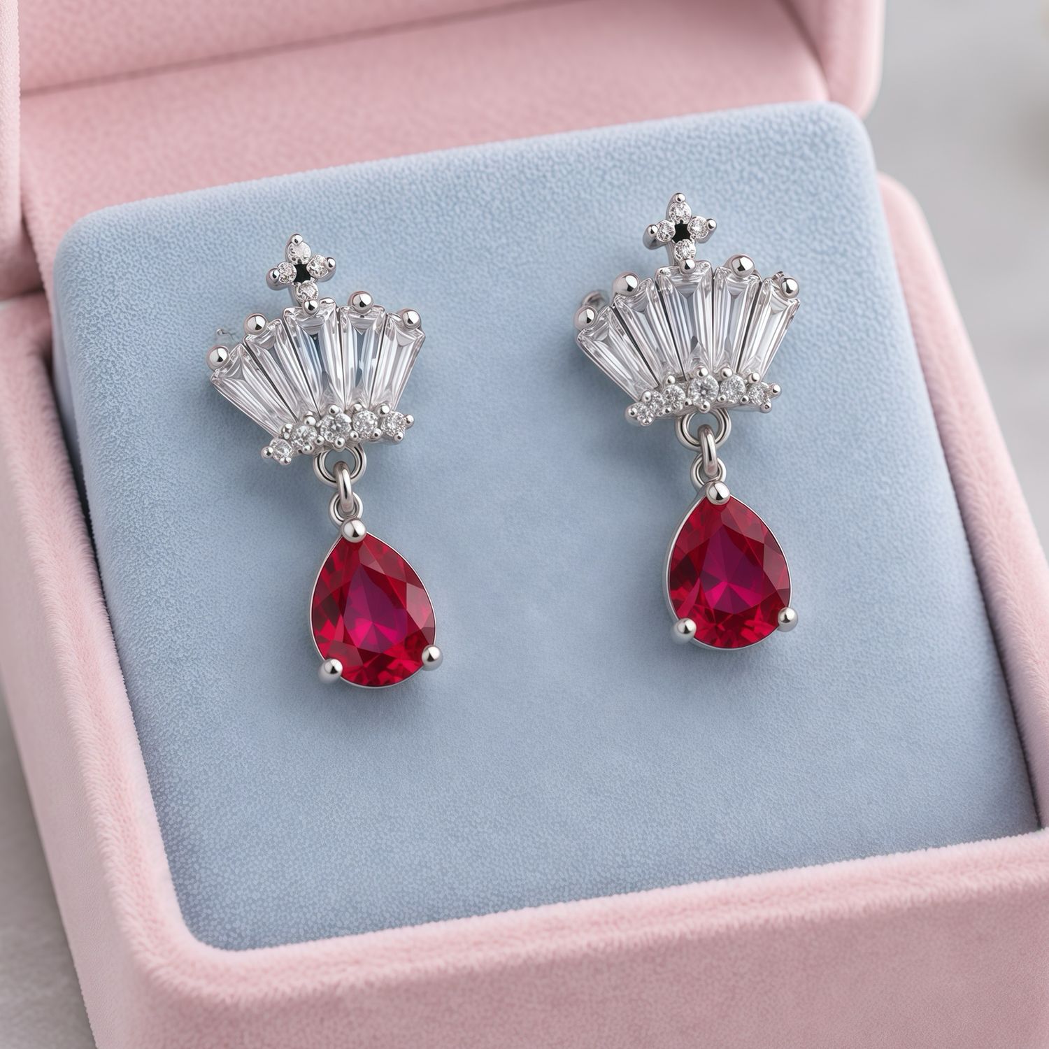 ARETE COLGANTE 2 CM  CZ ROJA, BROCHE MARIPOSA PLATA .925
