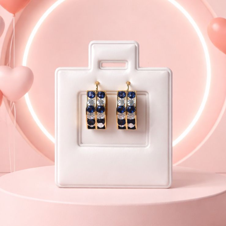 HUGGUI CZ AZUL Y BCA, 1.2 CM, ORO 14K