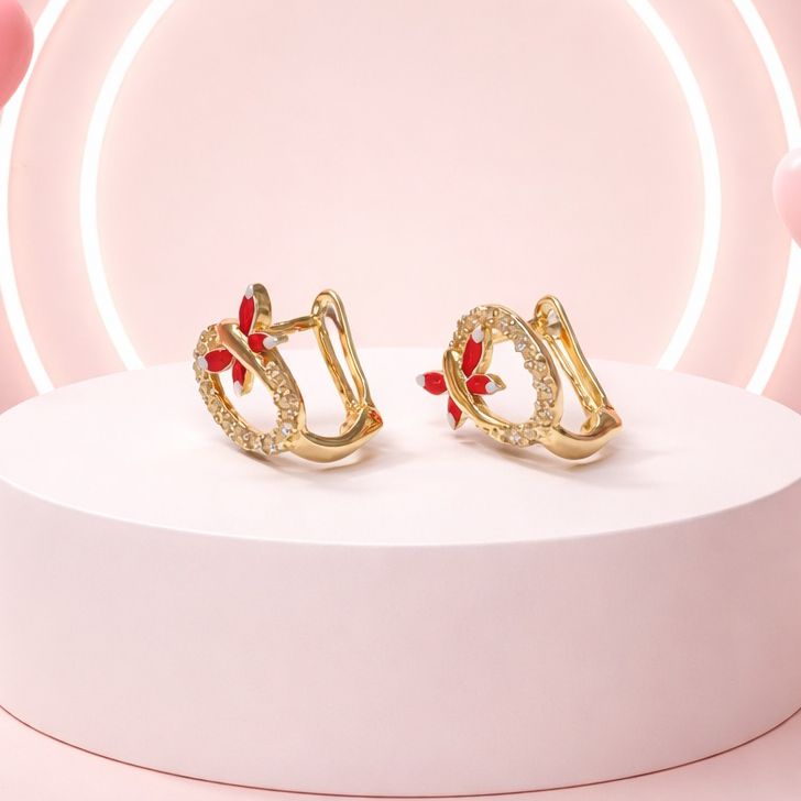 ARETE CON MARIPOSITA ROJA, 1 CM, ORO 14K