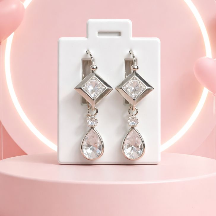 ARETE ROMBO CON GOTA, CZ BCA  3.5 CM PLATA .925