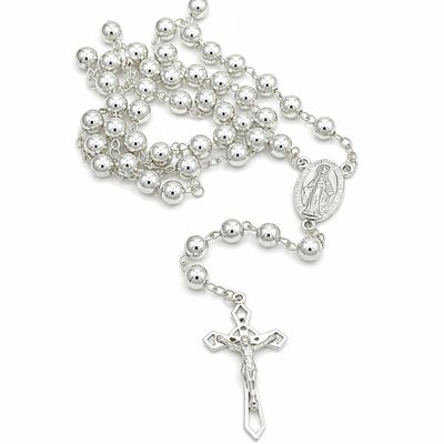 ROSARIO 28"  VIRGEN MILAGROSA Y CRISTO, BOLA LISA 6 MM, PLATA .925