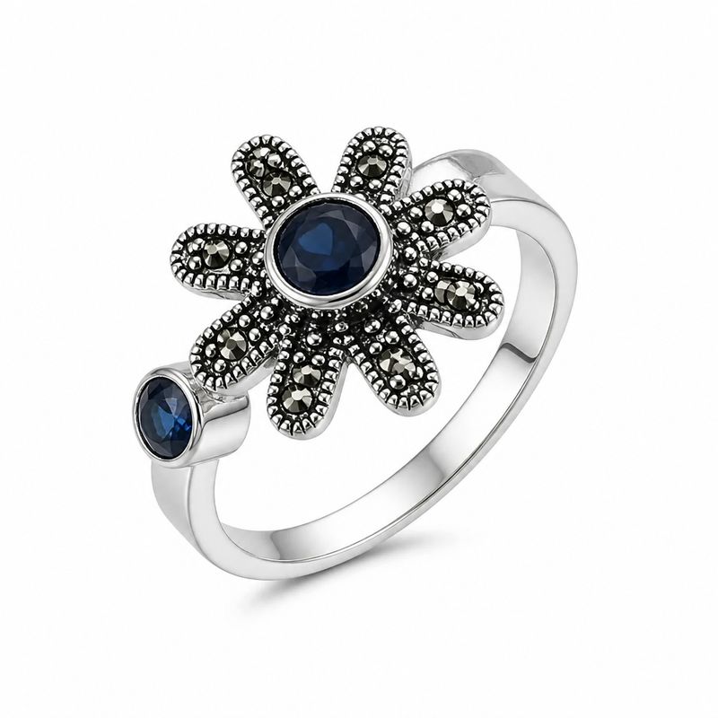 ANILLO FLOR CZ AZUL AJUSTABLE, PLATA .925