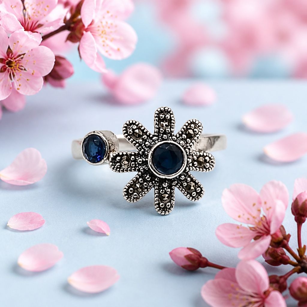 ANILLO FLOR CZ AZUL AJUSTABLE, PLATA .925