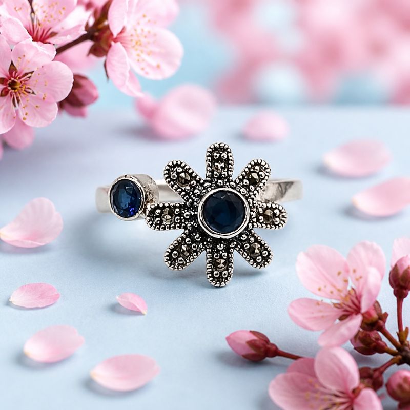 ANILLO FLOR CZ AZUL AJUSTABLE, PLATA .925
