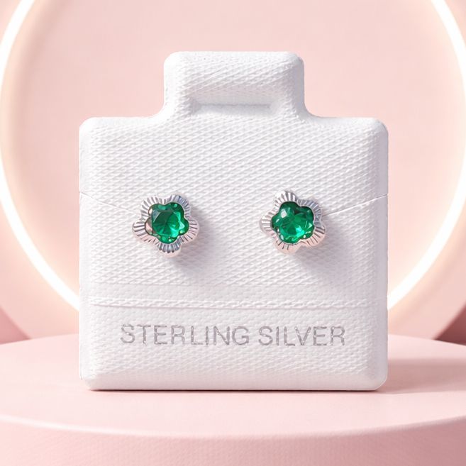 BROQUEL FLOR BISEL DIAMANTADO CZ VERDE, BROCHE BOLITA, PLATA .925