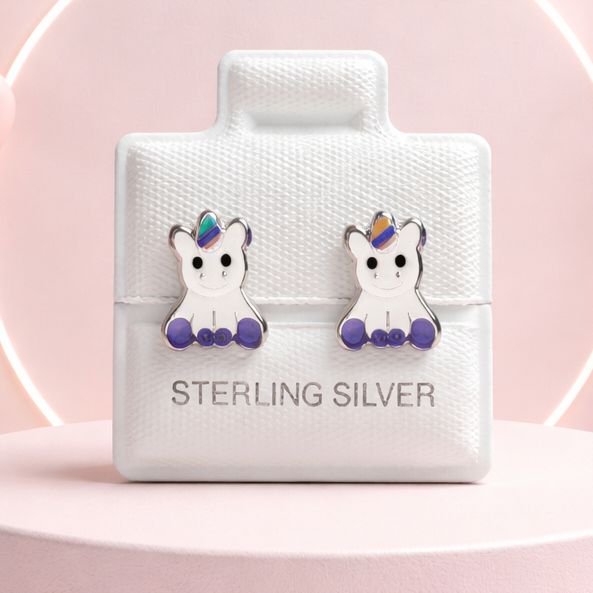 BROQUEL UNICORNIO ESMALTADO LILA, BROCHE BOLITA PLATA .925