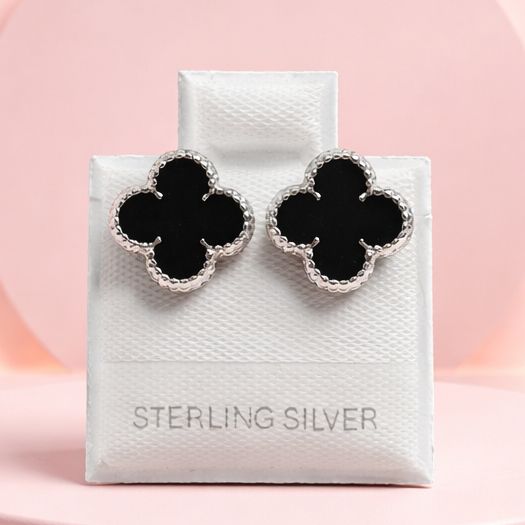 Broquel Trebol Negro 9MM Esmaltado Plata 925 MX