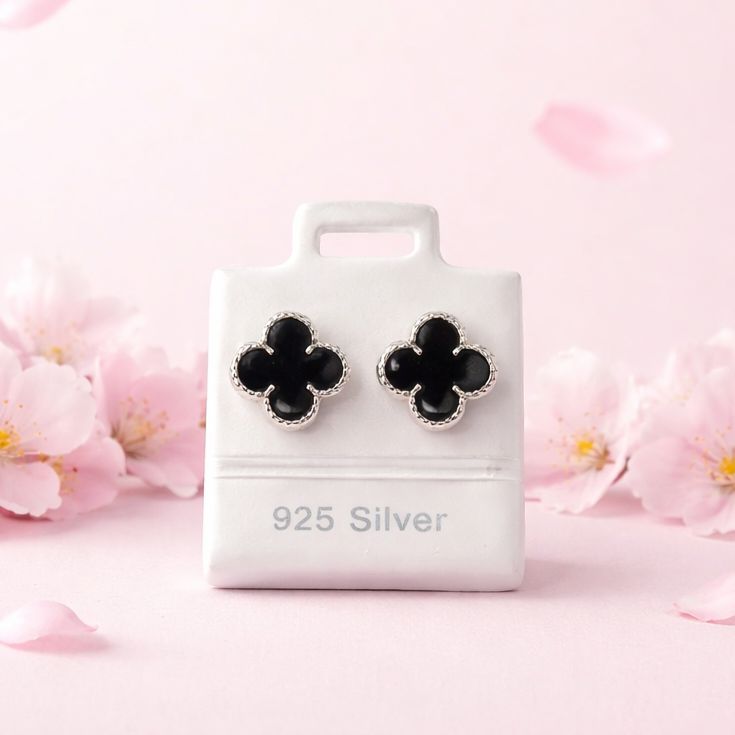 Broquel Trebol Negro 9MM Esmaltado Plata 925 MX