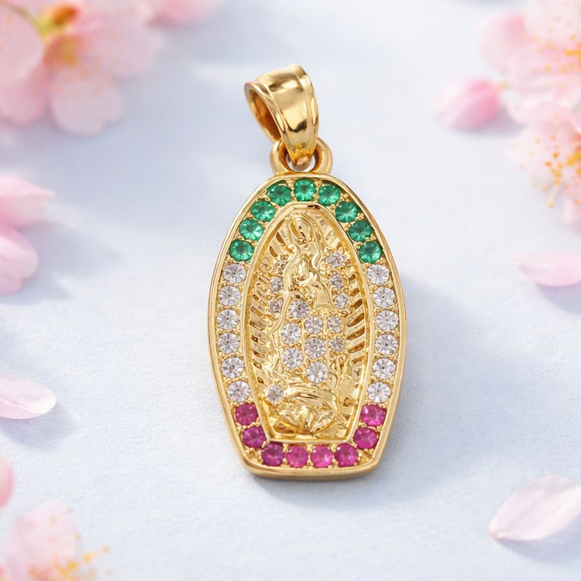 MEDALLA VIRGEN DE GPE CZ TRICOLOR 2 CM, ORO 10K