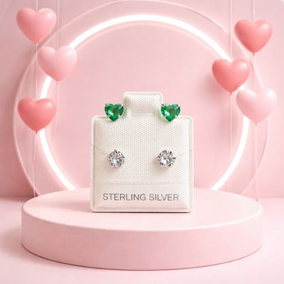 BROQUEL CURVO CORAZON CZ VERDE Y BCA, PLATA .925