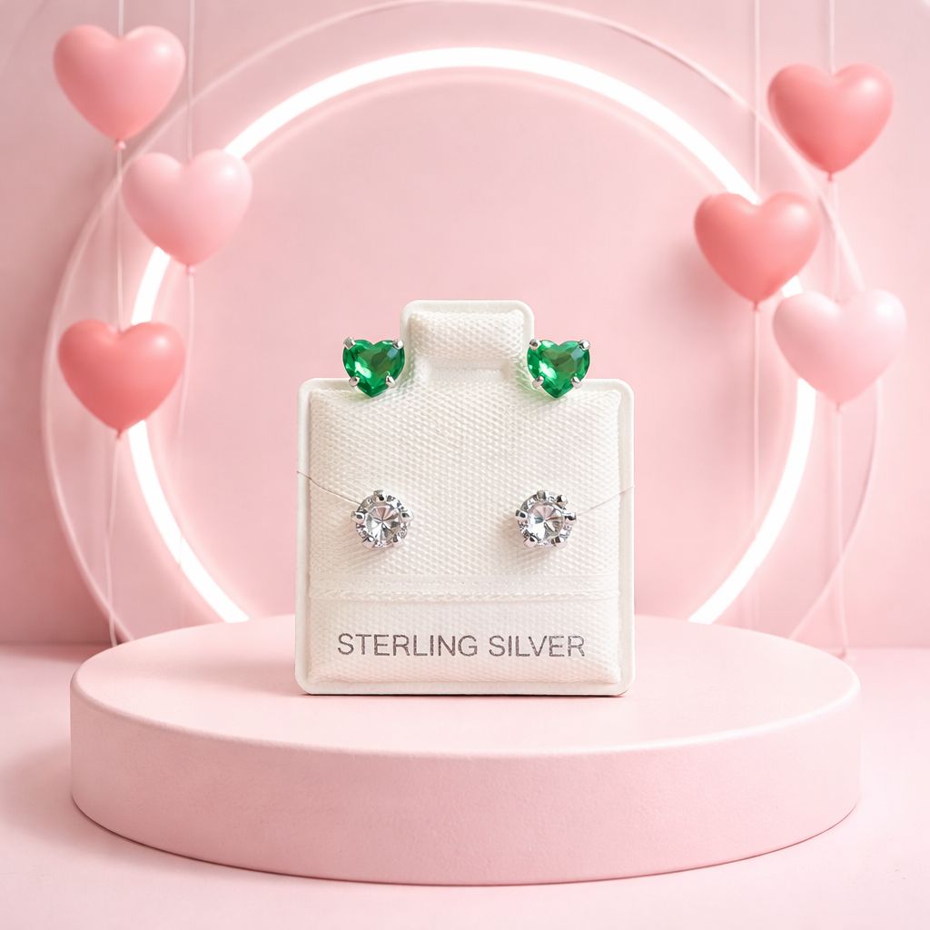 BROQUEL CURVO CORAZON CZ VERDE Y BCA, PLATA .925