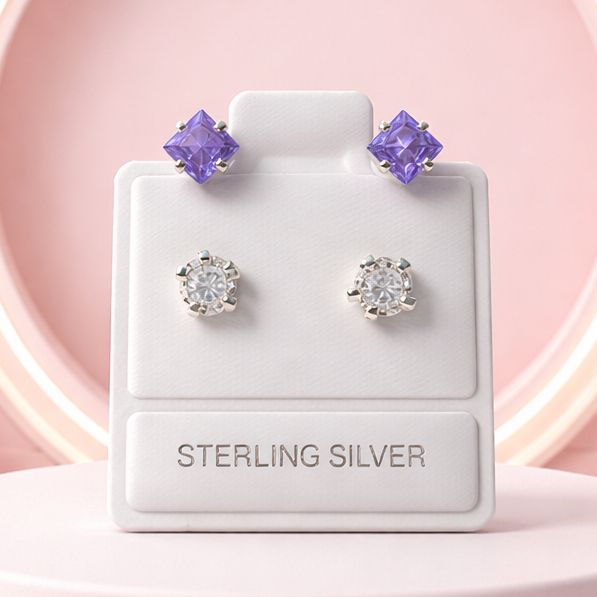 BROQUEL CURVO ROMBO CZ LILA Y BCA, PLATA .925