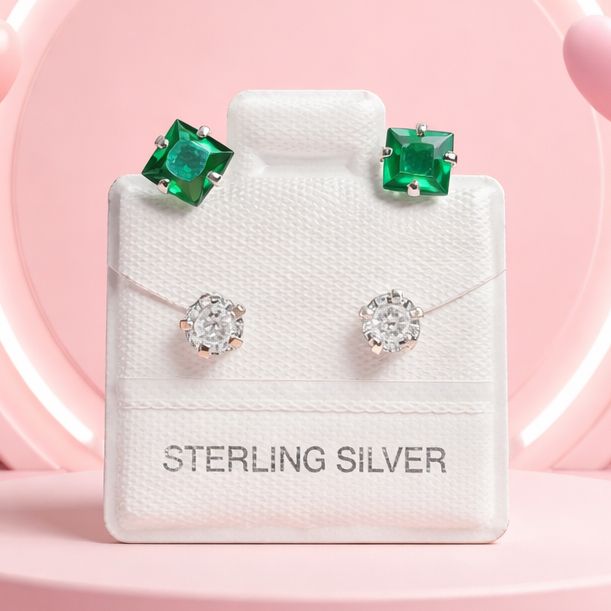 BROQUEL CURVO ROMBO CZ VERDE Y BCA, PLATA .925