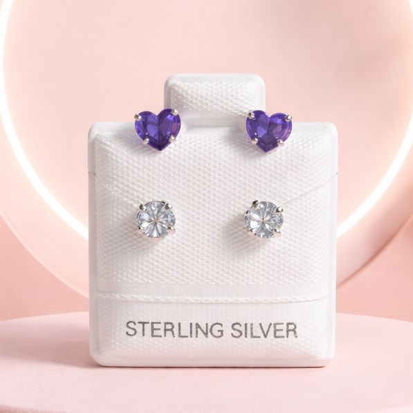 BROQUEL CURVO CORAZON  CZ LILA Y BCA, PLATA .925