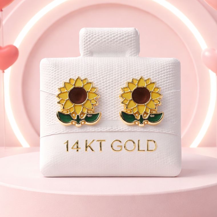 ENAMELLED SUNFLOWER EARRINGS, 14K GOLD