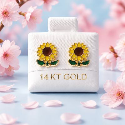 ENAMELLED SUNFLOWER EARRINGS, 14K GOLD ENAMELLED SUNFLOWER EARRINGS, 14K GOLD