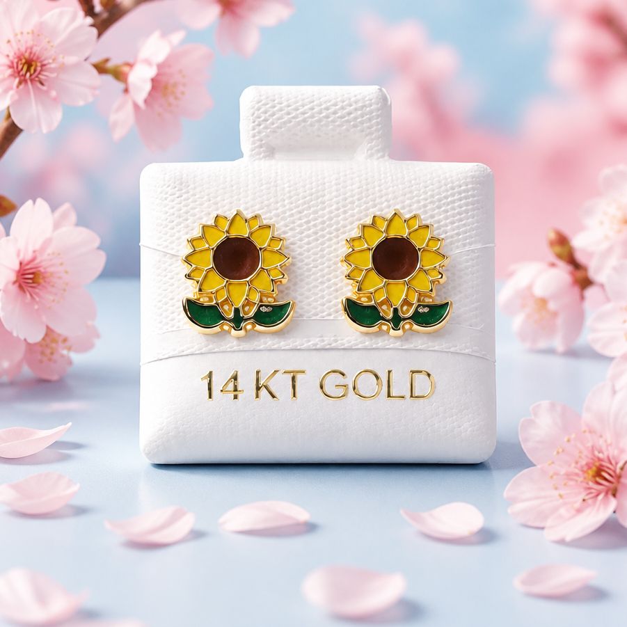 ENAMELLED SUNFLOWER EARRINGS, 14K GOLD