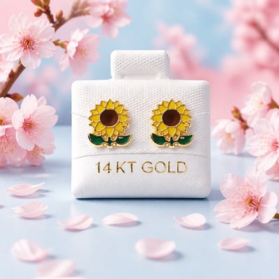 ENAMELLED SUNFLOWER EARRINGS, 14K GOLD