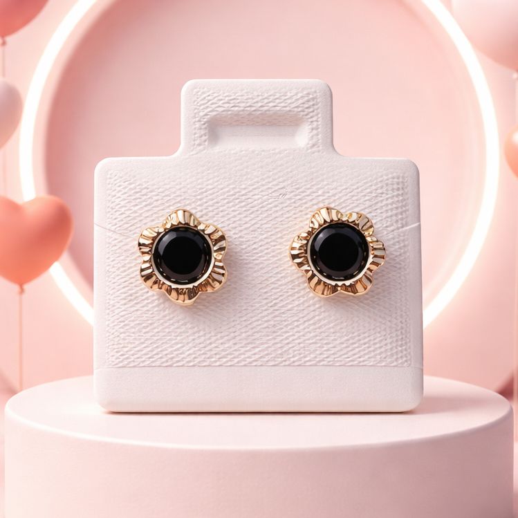 DIAMOND-CUT BEZEL FLOWER CZ BLACK STUD EARRINGS, 14K GOLD