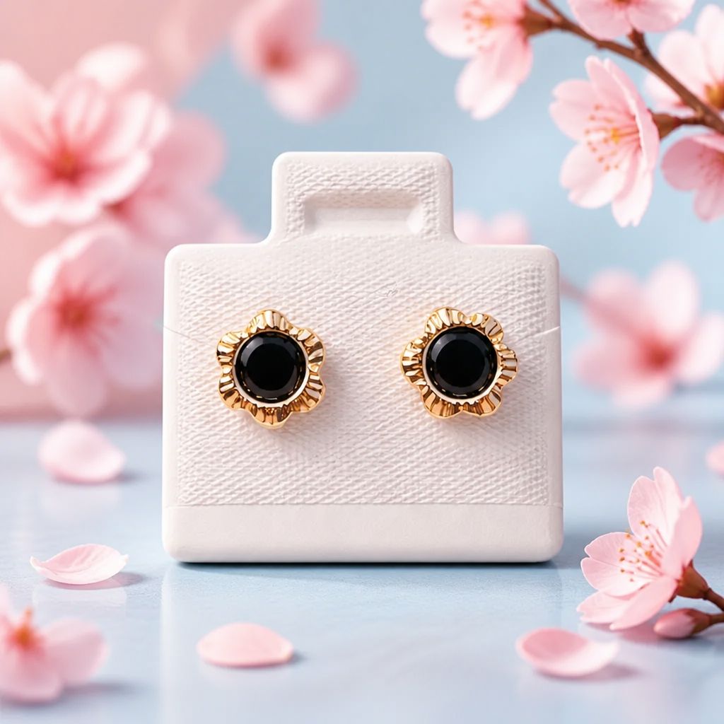DIAMOND-CUT BEZEL FLOWER CZ BLACK STUD EARRINGS, 14K GOLD