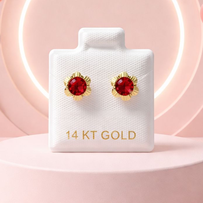 FLORAL BEZEL DIAMOND-CUT CZ RED STUD EARRINGS, 14K GOLD