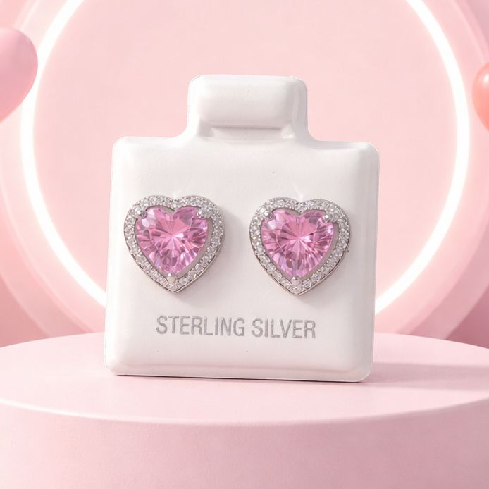 ARETE CORAZON CZ ROSA Y MINI CZ , BROCHE MARIPOSA, PLATA .925