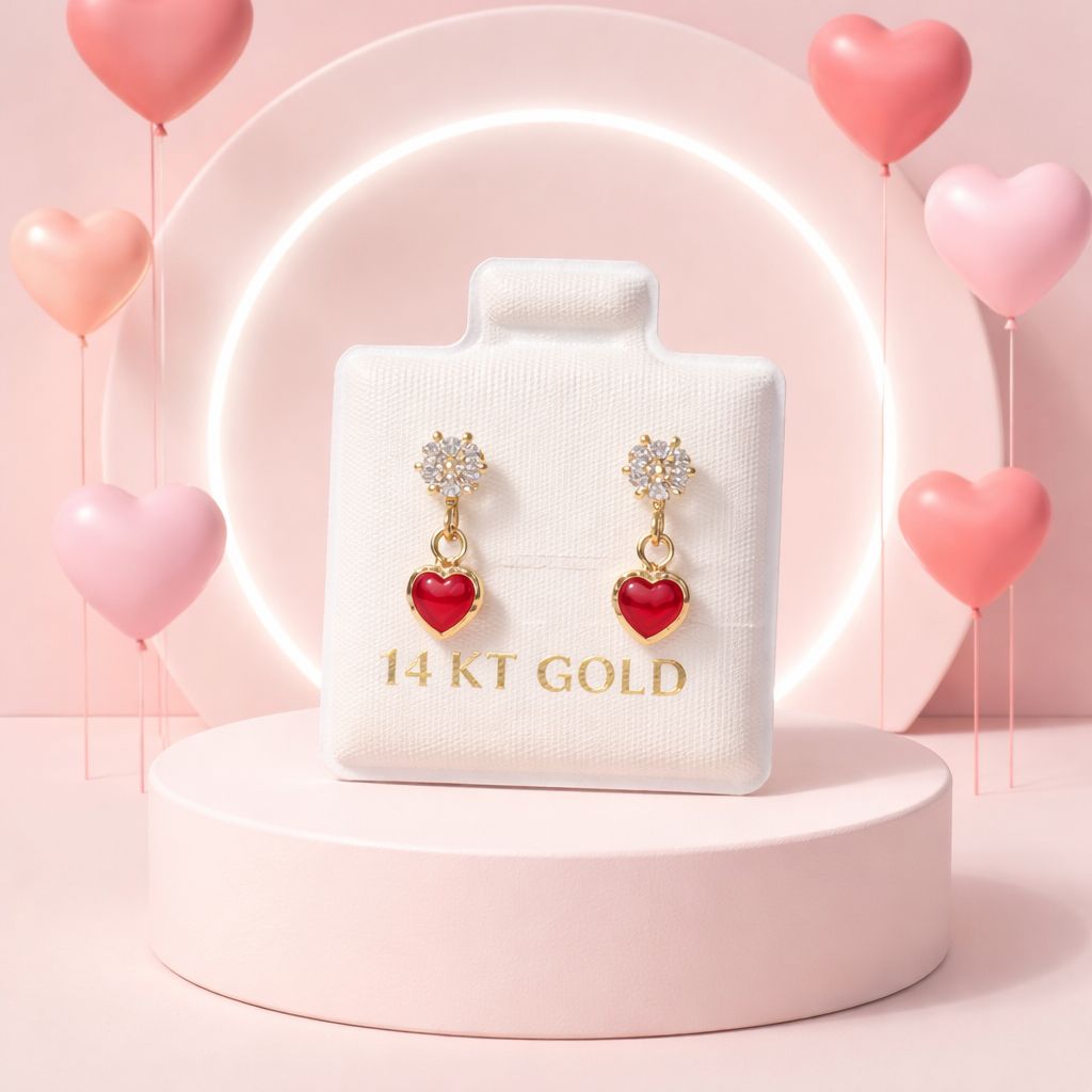 PENDANT HEART CZ PINK EARRINGS, 14K GOLD