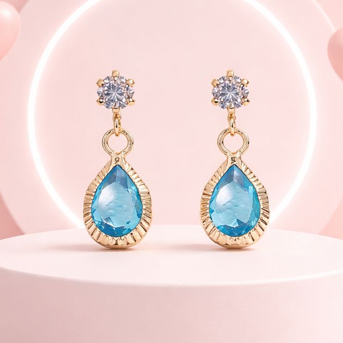 BLUE DROP PENDANT STUDS, BALL CLASP, 14K GOLD