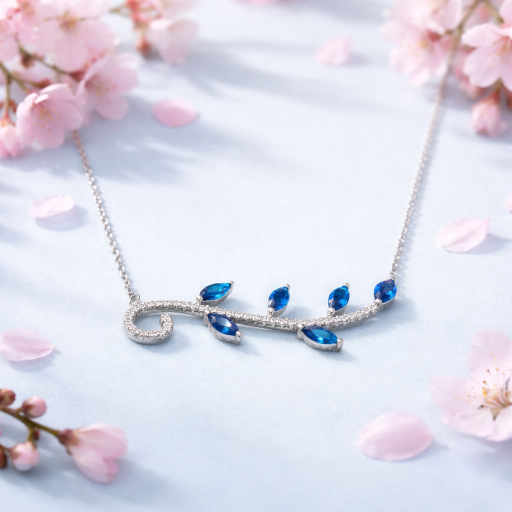 Gargantilla Premium Hojas azules con Rodio Plat 925 Italiana