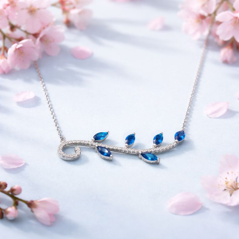 Gargantilla Premium Hojas azules con Rodio Plat 925 Italiana