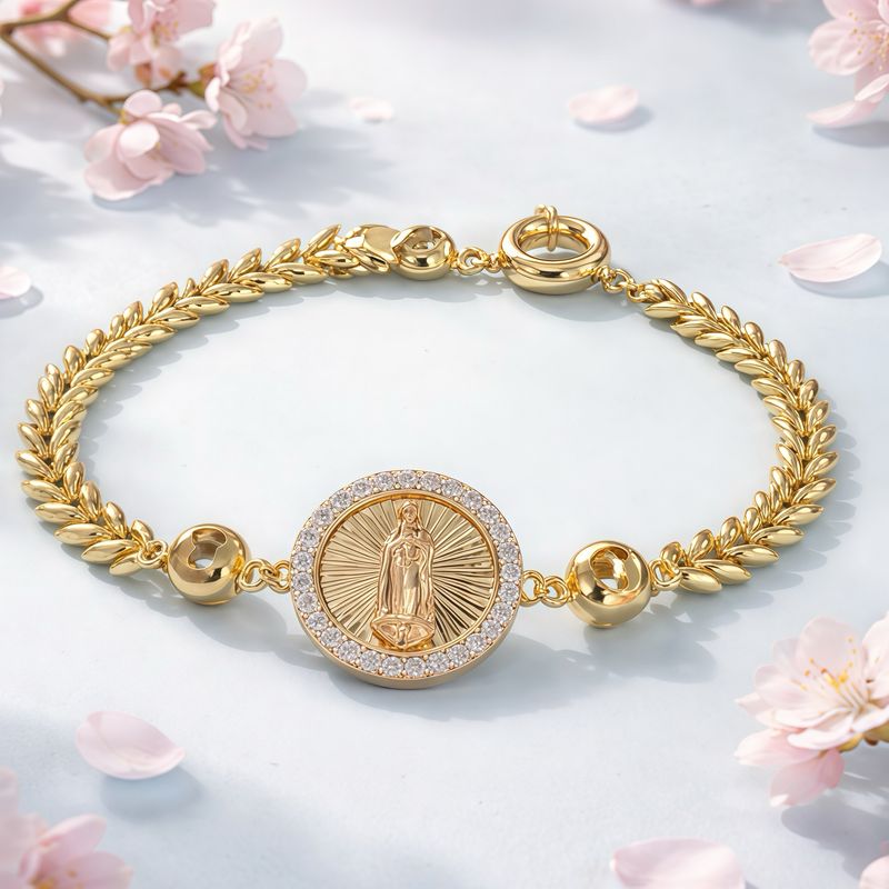 PULSERA TEJIDA CON VIRGEN DE GPE 7"  5 MM, ORO 10 K
