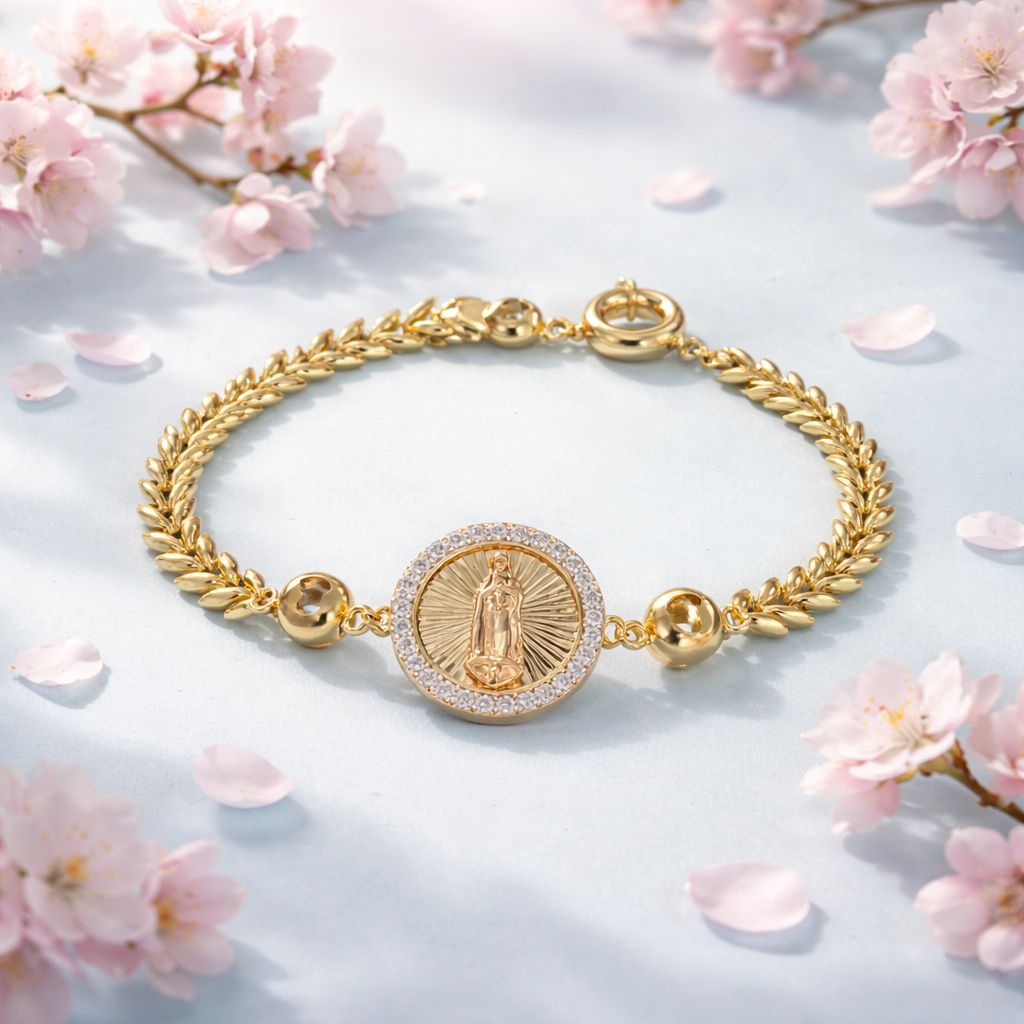 PULSERA TEJIDA CON VIRGEN DE GPE 7"  5 MM, ORO 10 K