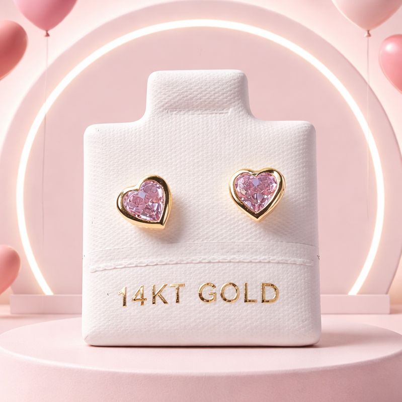 BEVELED HEART CZ LILAC STUD EARRINGS, BALL CLASP, 14K GOLD
