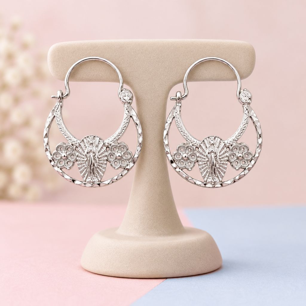 ARRACADA CANASTA CON VIRGEN DE GPE, 2.8 CM, PLATA .925