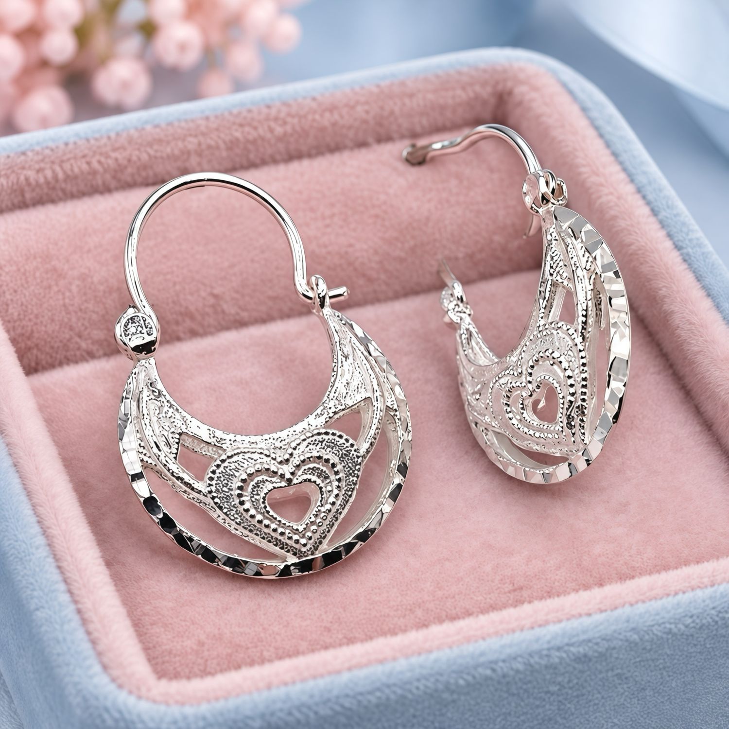 ARRACADA CANASTA CON CORAZON, 2.8 CM, PLATA .925