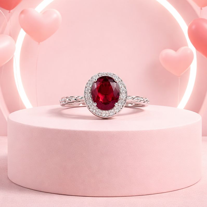 ANILLO OVALADO CZ ROJA, VARIAS MEDIDAS, PLATA .925