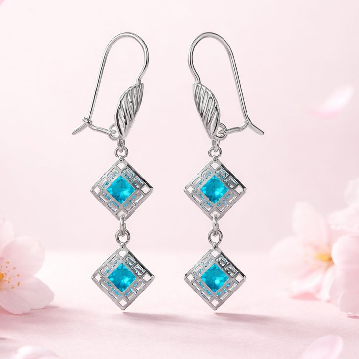 ARETE LARGO ROMBO CZ AZUL, 4.5 CM, PLATA .925