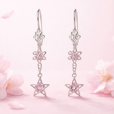 ARETE LARGO ESTRELLA CZ ROSA 4 CM, PLATA .925
