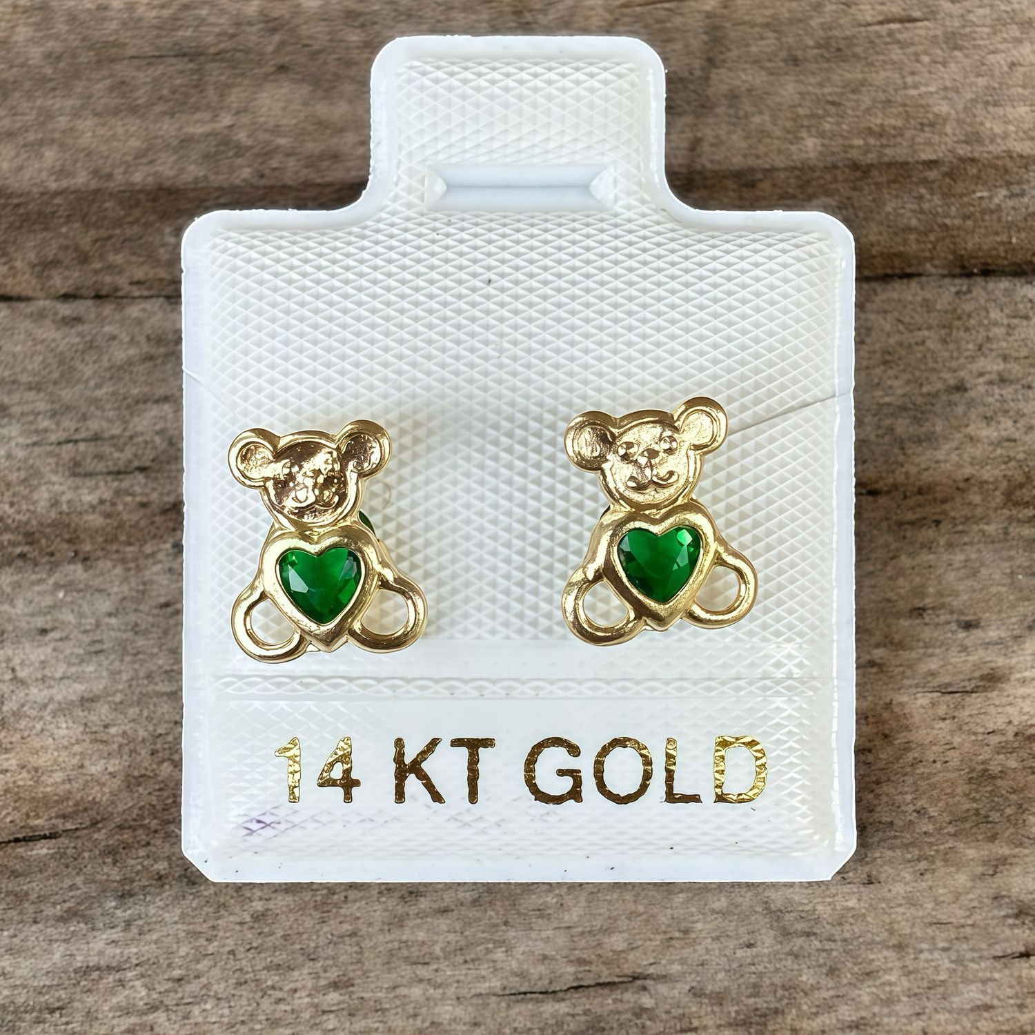 BEAR HEART GREEN CZ STUD EARRINGS, BALL CLASP, 14K GOLD