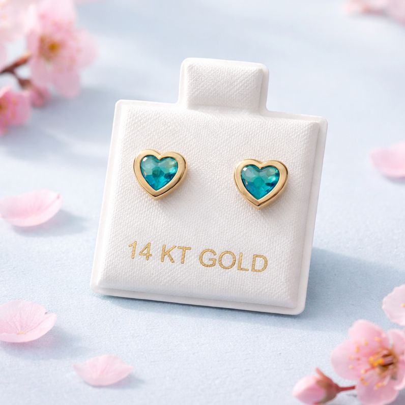 HEART STUD EARRINGS WITH BLUE CZ BEZEL, BALL CLASP, 14K GOLD