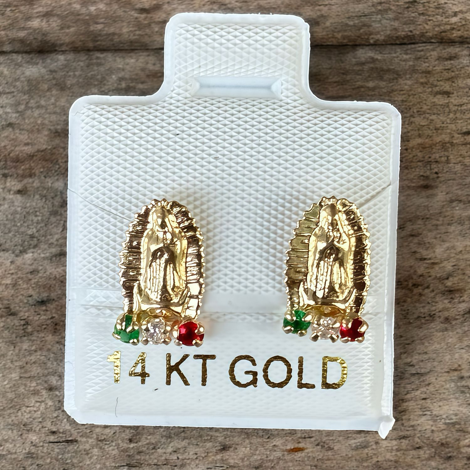 BROQUEL VIRGEN DE GPE CZ TRICOLOR, BROCHE BOLITA, ORO 14K